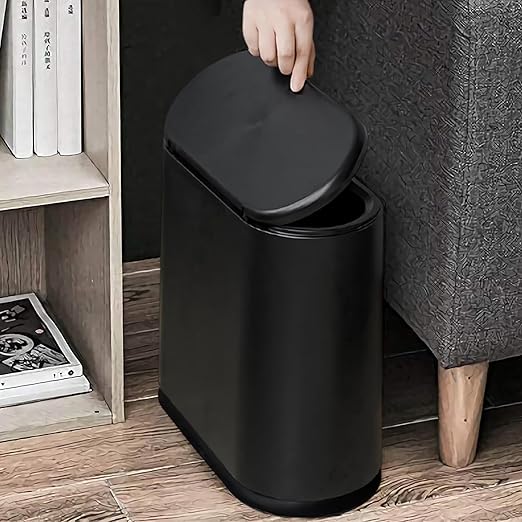 AIFUSI Trash Can, 10 Liter / 2.4 Gallon Plastic Slim Garbage Container Bin with Press Top Lid, White Waste Basket for Kitchen, Bathroom, Living Room, Office, Narrow Place（Black）