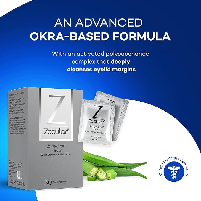 Zocular ZocuWipe Eyelid Cleansing Wipes with Natural Okra Complex – Gentle Daily Eyelid Cleanser & Moisturizing Pads – Makeup Remover & Eye Hygiene Wipes – 15 Count