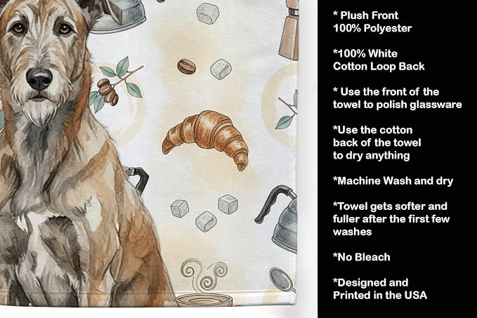 Caroline's Treasures Brindle Irish Wolfhound Coffee Bar Kitchen Towel Velour Plush Front and Cotton Loop Back Machine Washable