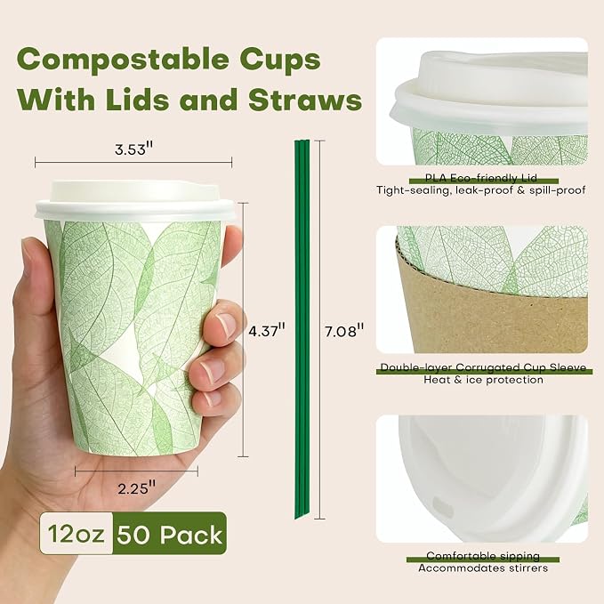 Plant-Based PLA Lined Disposable Coffee Cups with Lids, Straws & Sleeves, Compostable Cups Set, Eco-Friendly for Hot/Cold Drinks, Party, Travel, Office (12 oz 100 Count)
