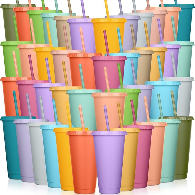 Honeydak 60 Pack Tumbler with Straw and Lid Bulk Cups for Gifts Water Bottle Iced Coffee Travel Mug Cup Reusable Plastic Tumblers for Party Birthdays 24-27 oz (Fresh Color)
