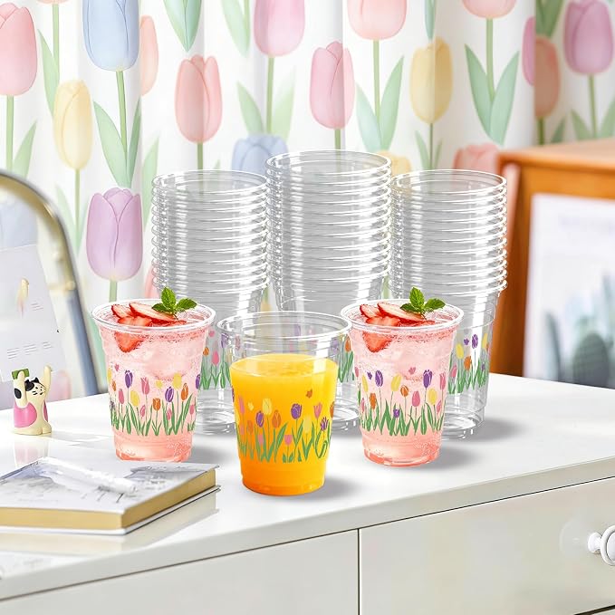 100 Pcs Tulip Floral Plastic Cups 12 oz Easter Floral Drinking Cup Flower Spring Summer Disposable Cold Beverage Cup for Spring Birthday Wedding Baby Shower Party Supplies