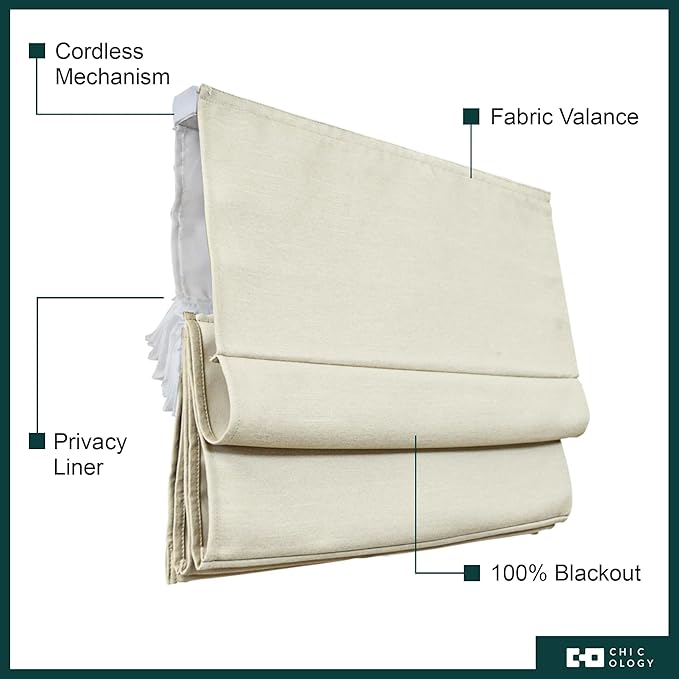 Chicology Cordless Roman Window Shade, Del Mar Moon Shell, 31" W x 64" H | Cordless Child-Safe, Room Darkening UV, Inside/Outside Mount, True-to-Size No Cut, Rich Textured Fabric, Spot-Clean Care Only
