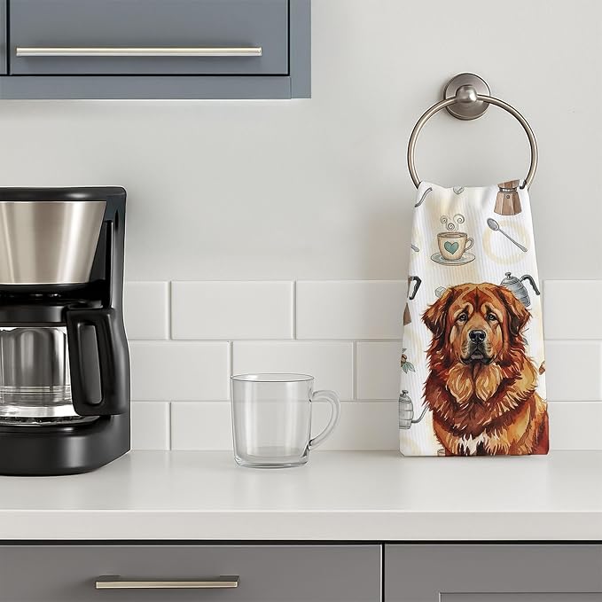 Caroline's Treasures Red Gold Tibetan Mastiff Coffee Bar Kitchen Towel Velour Plush Front and Cotton Loop Back Machine Washable