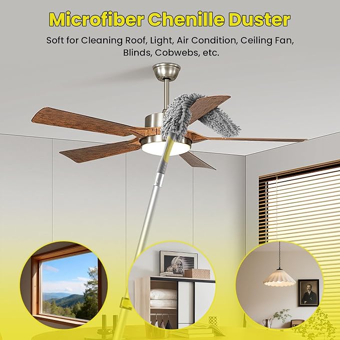 20FT High Ceiling Duster Kits with 3-12 Ft Extension Pole, Fan Blade Cleaner, Cobweb Duster, Window Squeegee Kit, Spider Web Brush for High Window, Interior Roof