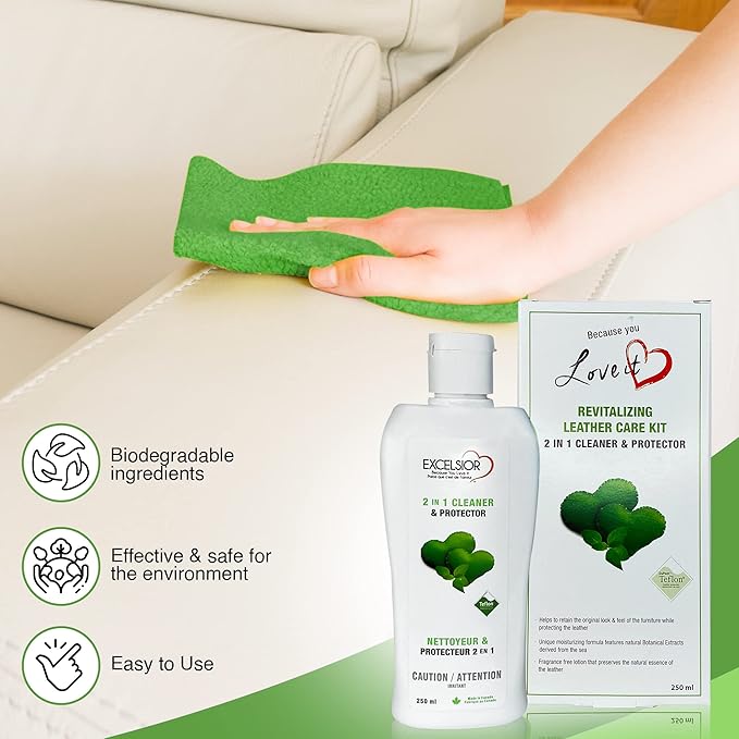Excelsior Revitalizing 2 in 1 Leather Cleaner & Conditioner Care Kit Includes Polishing Cloth & Sponge