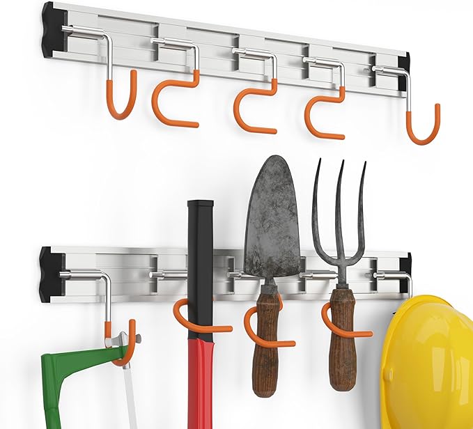 HUPBIPY 69'' Aluminum Alloy Garden Tool Organizer Wall Mount Garage Organizers and Storage with Hooks Tool Hangers for Shed Hooks for Shovel, Rake, Broom & More