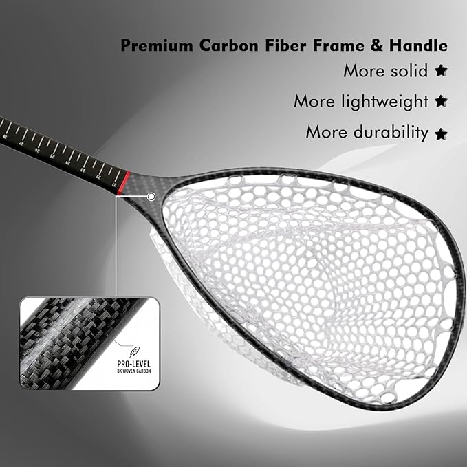Riverruns Fly Fishing Landing Net Carbon Fiber Trout Net with Measurement Handle, Soft Rubber Mesh - 26" Standard (Wading) / 37" Long (Kayak)