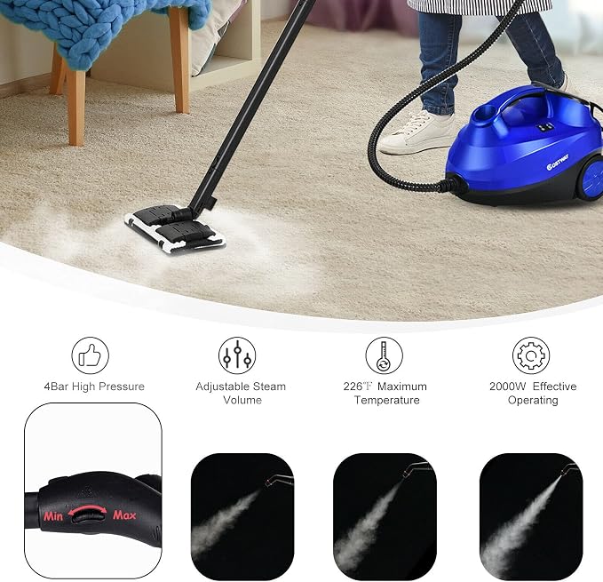Moccha 2000W Steam Cleaner w/ 19 Accessories, 2000 W Household Steamer w/ 1.5L Tank for Chemical-Free Cleaning, Heavy Duty Household Cleaning Machine for Floors, Windows, Cars (Blue)