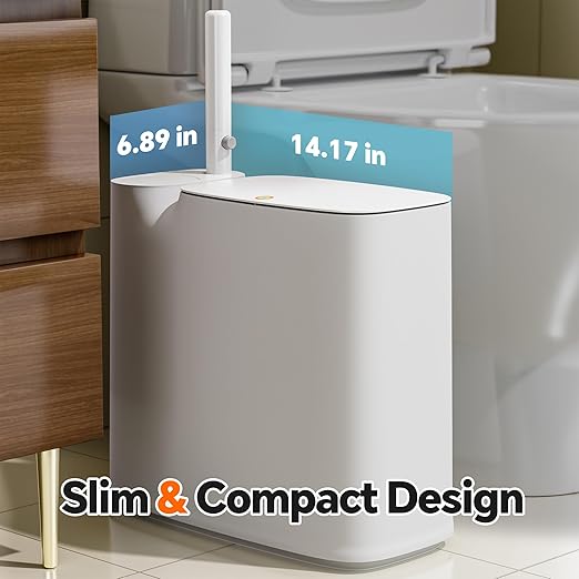 Small Bathroom Trash Can with Lid, Disposable Toilet Brush with 12 Refills, Toilet Bowl Cleaning Wand Set-2 Gallon Silm Garbage can and Toilet Brush Holder for Bathroom, Toilet, RV(White)