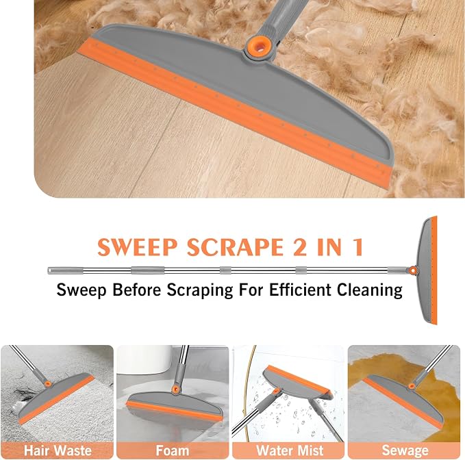 Broom and Dustpan Set, Long Adjustable Handle Broom Dustpan Combo with Dustpan Teeth to Automatically Clean Hair+Multifunction Silicone Broom, Silicone Floor Squeegee Broom for Home Bathroom, Kitchen