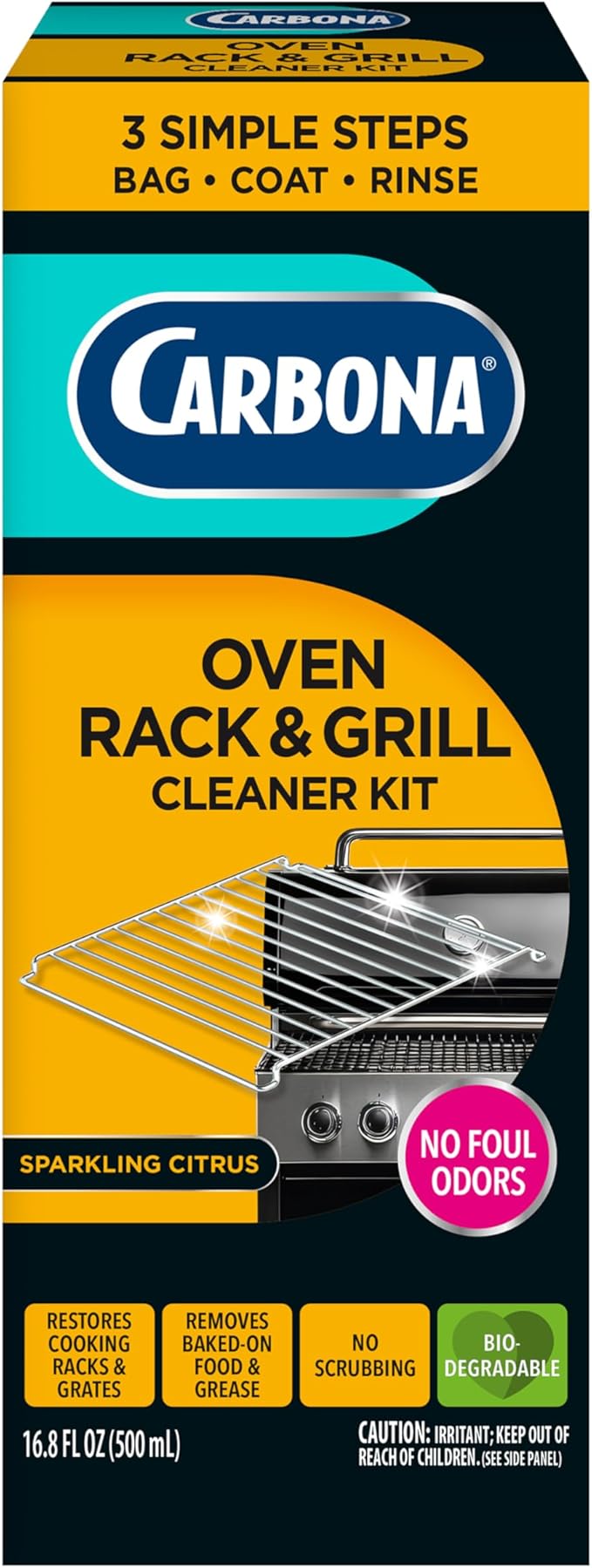Carbona Oven Rack & Grill Cleaner Kit, Includes Bag & Gloves, Eliminates Thick Grease, Grime & Baked-On Food, Unscented Formula