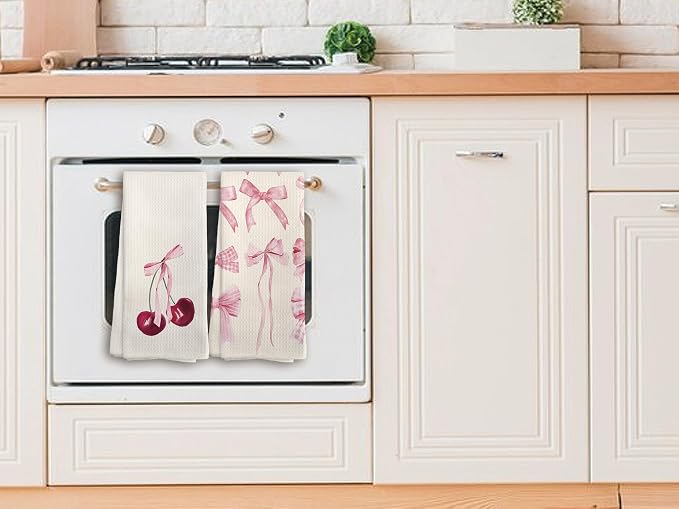 Coquette Pink Preppy Kitchen Towels Set of 4, Preppy Cherry Bathroom Decor Gifts Hand Towels, Pink Coquette Decor Drying Cloth Hand Towels for Girls Dorm Bathroom Kitchen,16 x 24 inches