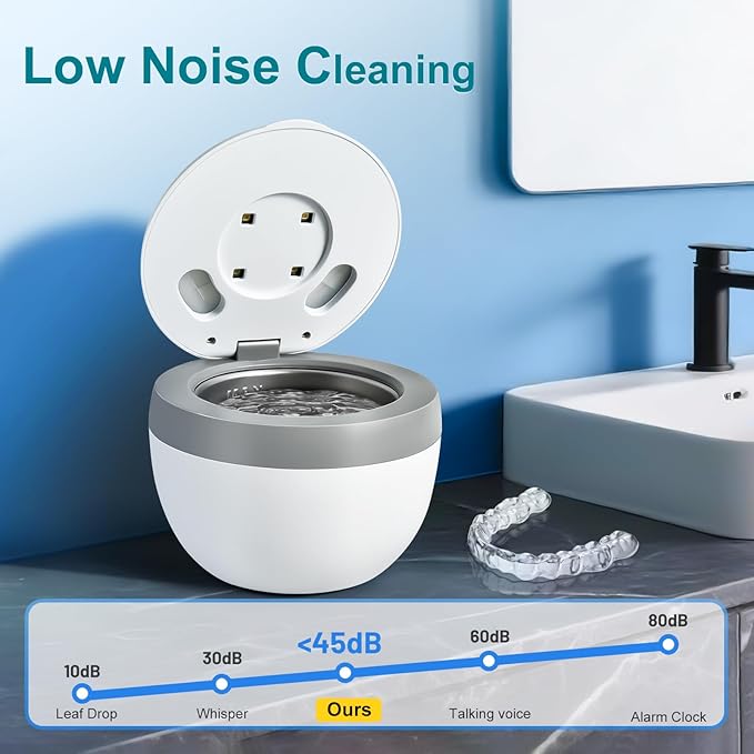 Ultrasonic Retainer Cleaner Machine, 45kHz 200ML Dental Cleaning Pod with 4 Wash Modes, Digital Timer for Denture Cleaner, Aligners, Mouth Guards, Braces, Jewelry & Toothbrush Heads (White)