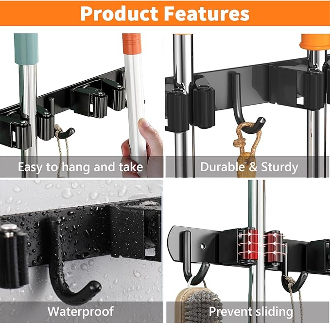 CUXIXA Mop and Broom Holder Wall Mount, Upgraded Broom Organizer Wall Mount, Stainless Steel Broom Hanger Wall Mount for Kitchen Garden Laundry Room Decor(4 Racks with 5 Hooks Black)