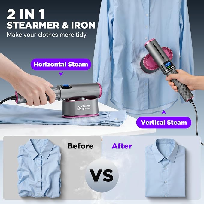 Travel Steamer for Clothes, 2-in-1 Steam Iron & Garment Steamer with Fast Heat-Up, 1200W Portable Handheld Clothes Steamer, Large Ceramic Heat Panel Quick Wrinkle Removal for Home/Travel/Hotel
