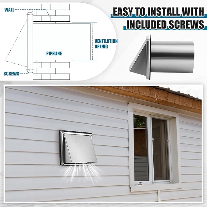 Gisafai 6" Dryer Vent Cover Outside with Stainless Steel Guard Wall Dryer Exhaust Cap and Removable Extended Pipe Vent Shroud Hood Cushioned Non Return Flap with Sealing Gasket Grille(Silver)