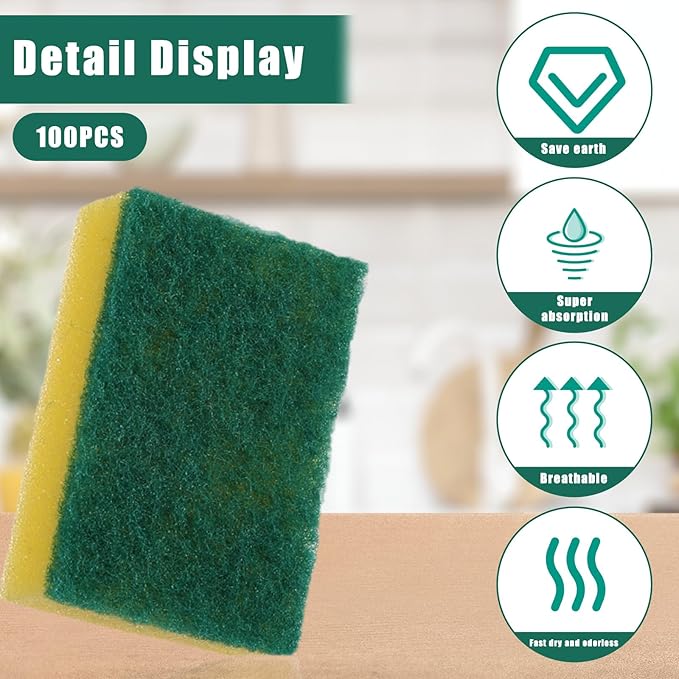 100 Pcs Heavy Duty Cleaning Scrub Sponges for Kitchen Abrasive Scrubber Sponge Bulk One Scouring Scrubbing One Absorbent Dish for Washing Dishes Kitchen, Assorted Colors