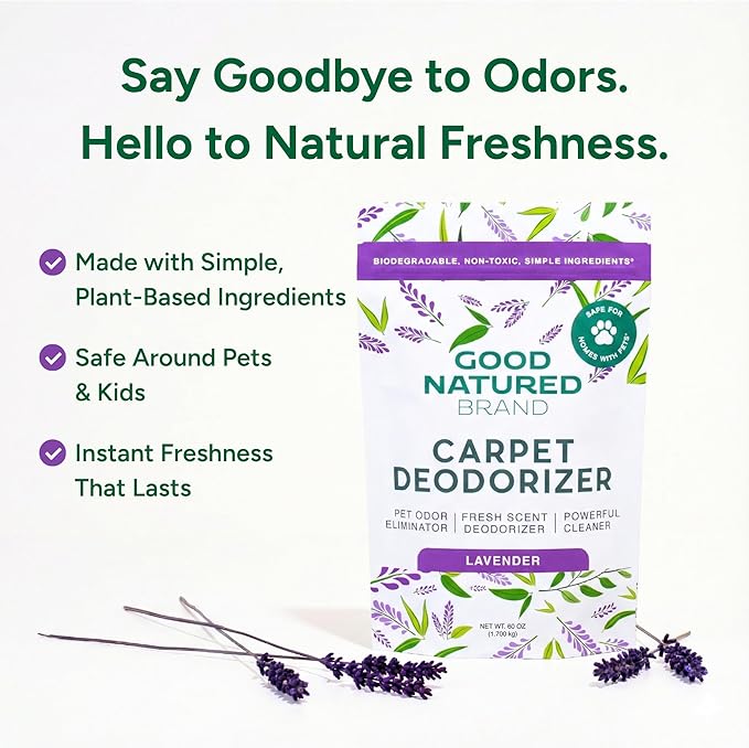Good Natured Brand | Carpet Deodorizer & Freshener Powder | 60 oz Pet Odor Eliminator for Strong Odor & Pet Urine | Fresh Natural Lavender | Safe for Homes with Pets