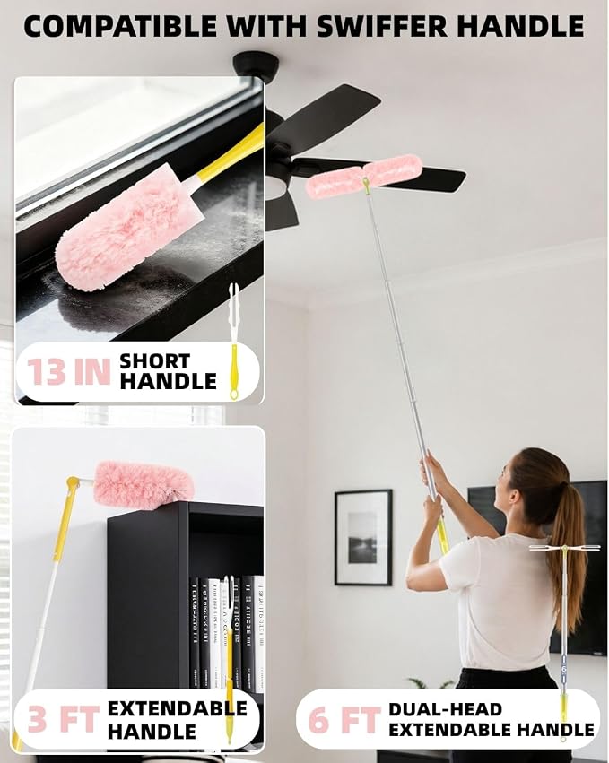 50 PCS Duster Refills with 6 FT Extendable Handle, Heavy Duty Duster Refills Kit Compatible with Swiffer, 360 Disposable Microfiber Duster Pads for Ceiling Fan, Blind & Hard to Reach Areas Cleaning