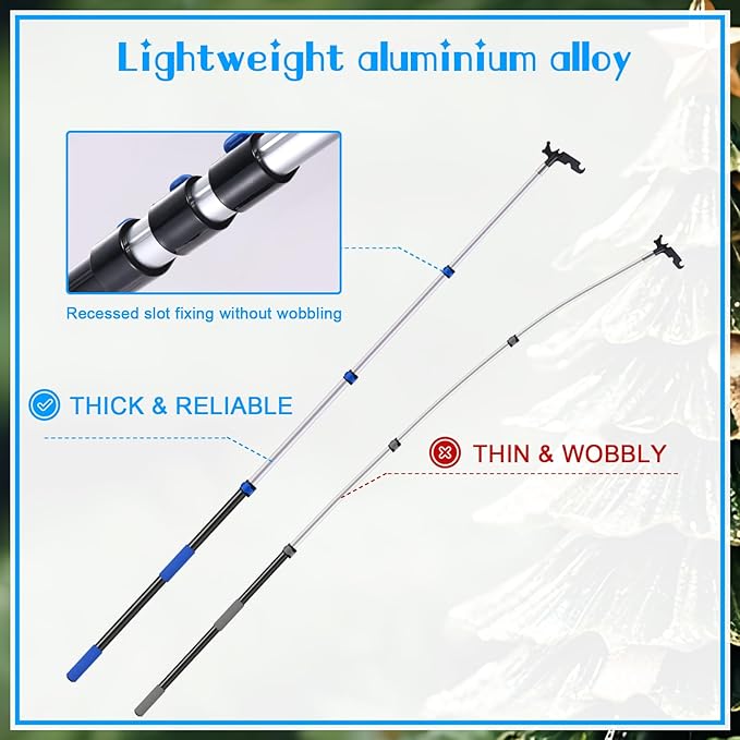 Ladderless Telescopic Poles for Hanging Christmas Lights, 3.8-12 FT Long Extension Pole with Utility Hook, Outdoor String Light Installation Tool, Extend a Reach Rod Kit