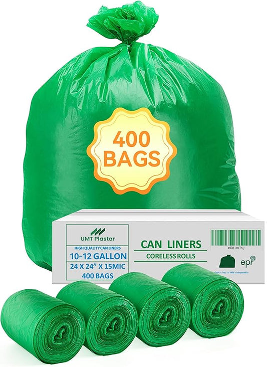 UMT Plastar 400 Count Compostable Trash Bags 10-12 Gallon, 24 x 24 Inch Biodegradable Kitchen Garbage Bags 15 Micron, Green Eco Friendly Small Trash Bags for Home, Office & Bathroom