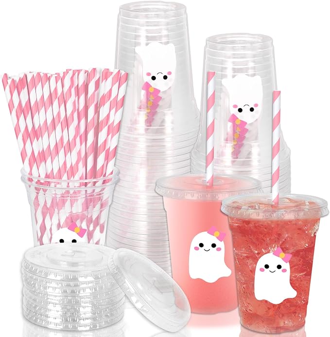 Whaline 50 Pcs Halloween Disposable Plastic Cups with Lids and Straws Cute Pink White Ghost Cold Beverage Drinking Cups for Trick or Treat Birthday Party Supplies