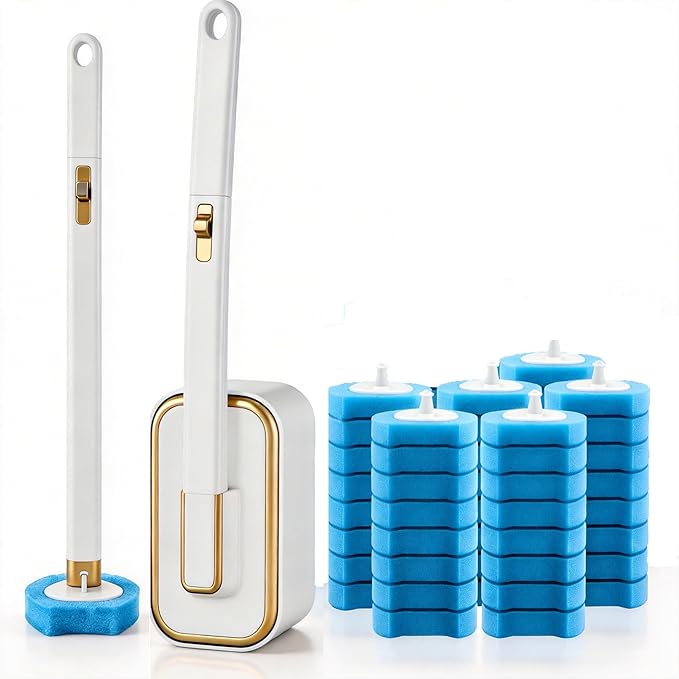 Disposable Toilet Brush with 48 Refill Heads and Holder– Includes Storage Caddy&Toilet Bowl Wand, Wall-Mount Scrubbing Toilet Brush Bathroom Cleaning Kit (1 Wand+48 Refills)