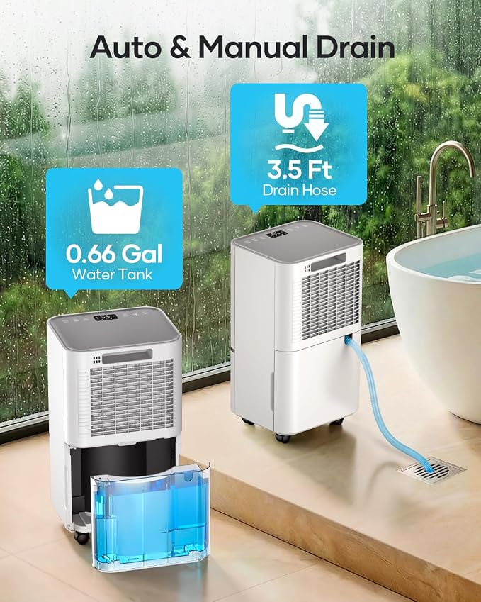 34 Pints Dehumidifier for Basement with Drain Hose Up to 2500 Sq.Ft, Compressor Dehumidifiers for Home, Bedroom, Bathroom, Large Room, 3 Modes, Intelligent Humidistat, Auto Shut-off, 24H Timer, White