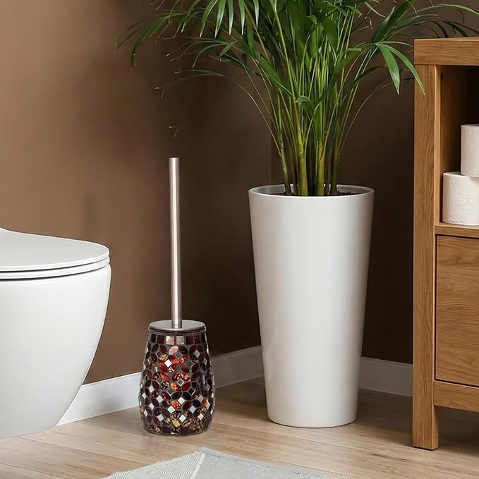 Handmade Mosaic Toilet Brush and Holder Set, Decorative Brown Glass Toilet Bowl Brush with Stainless Steel Handle, Luxury Bathroom Accessories Set, Mosaic Bathroom Decor, Weighted Base