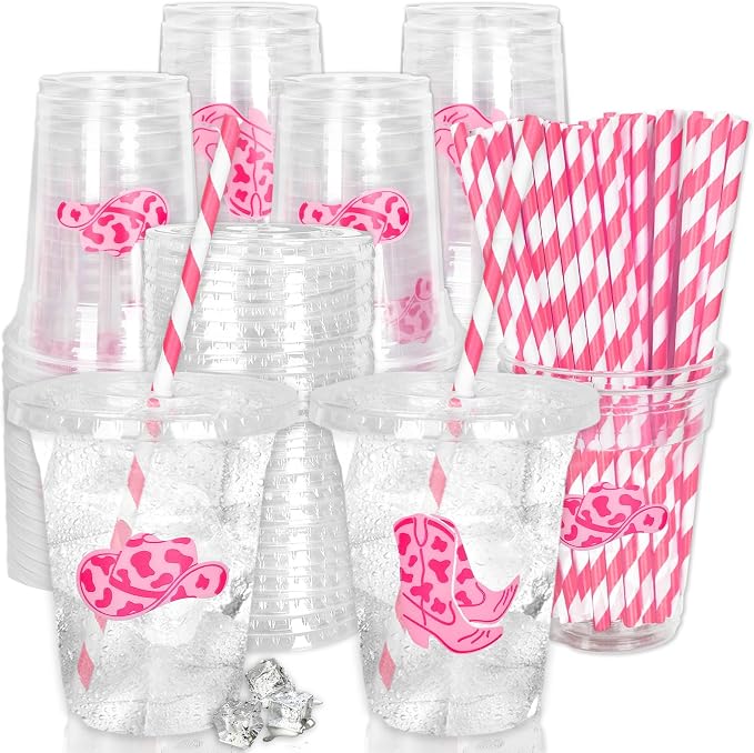 FYSUIMU 50Pcs Western Cowgirl Disposable Plastic Cups with Lids and Straws 12Oz Pink Preppy Cowboy Boot Hat Cold Beverage Drink Cup for Rodeo Birthday Party Supplies
