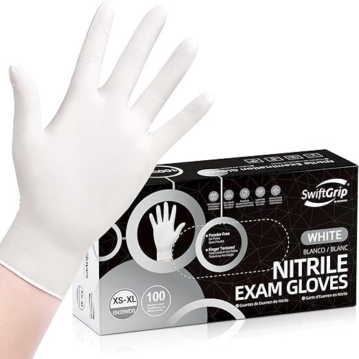 SwiftGrip Disposable Nitrile Exam Gloves, 3-mil, Large, Box of 100, White Nitrile Gloves Disposable Latex Free for Medical, Cleaning, Cooking & Esthetician, Food-Safe, Powder-Free, Non-Sterile