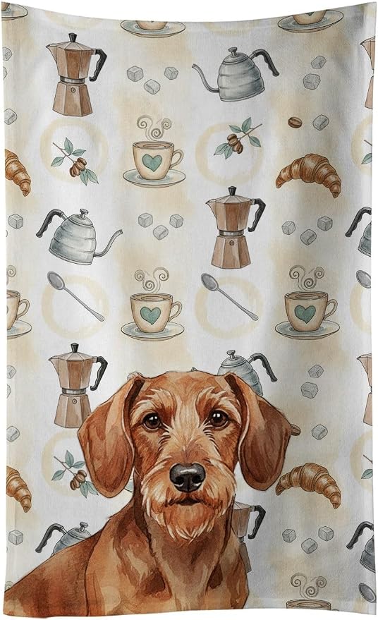 Caroline's Treasures Wirehaired Red Dachshund Coffee Bar Kitchen Towel Velour Plush Front and Cotton Loop Back Machine Washable