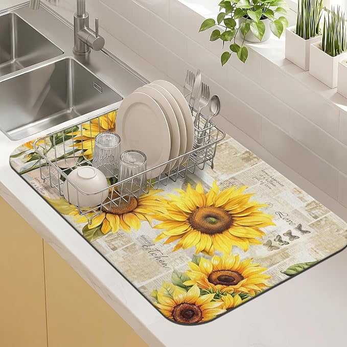 Kitchen Countertop Dish Drying Mat,Super Absorbent Coffee Bar Mat for Maker Espresso Machine, Anti-Slip Accessories for Kitchen Countertops 19x12 Inch