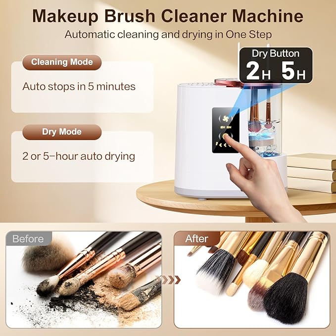 Makeup Brush Cleaner Machine Gray, Automatic Brush Cleaning & Drying Machine with Dual-Direction Cleaning