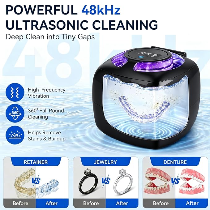 Ultrasonic Retainer Cleaner Machine, 340ml 48kHz Ultrasonic Cleaner for Retainers, Dentures, Mouth Guard & Jewelry,4 Cleaning Modes, Large Capacity Tank,Portable Quiet Design with UV Light,Black