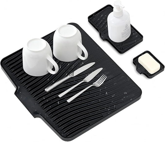 Silicone Dish Drying Mat for Kitchen Counter, Dish Drying Pad, Non-Slip Drain Pad with Built-in Drain, Heat Resistant Stone Drying Mat