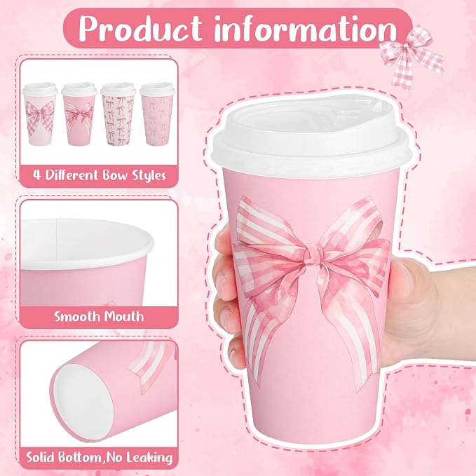 NatNarr 100 Pack Pink Bow Disposable Coffee Cups with Lids, 12 oz Cute Bowknot Paper Cup Insulated Coffee Cup for Birthday Anniversay Baby Shower Bachelorette Party Supplies, 4 Styles