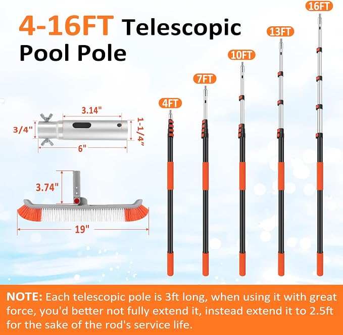 16FT Pool Brush with Pole, 19" Heavy Duty Swimming Pool Brush with 4-16FT Aluminum Telescopic Pole, Pool Scrubber Brush Head with Universal Adapter for Cleaning Pool Walls, Corners, Floors