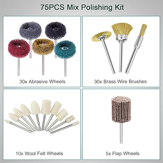 75PCS Mini Polishing Kit, Polishing Bit Abrasive Buffing Wheels Wire Brushes Flap Wheels Set for Rotary Tool, 1/8" (3mm) Shank