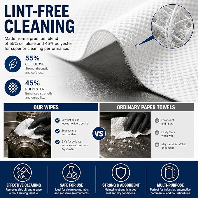 4 Rolls Industrial Cleaning Wipes Jumbo Roll, Heavy Duty Lint Free Shop Towels, Super Absorbent Reusable Cleaning Cloths for Garage Workshop Automotive, 500 Sheets 10 x 12 Inch (White, 10"X12")