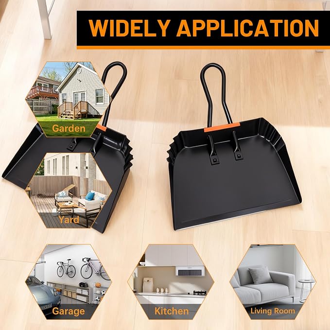 Heavy-Duty Black Metal Dustpan, 17 Inch Large Dust Pan with Handle, Ideal for Industrial Commercial Professional Debris Collection & Home Cleaning