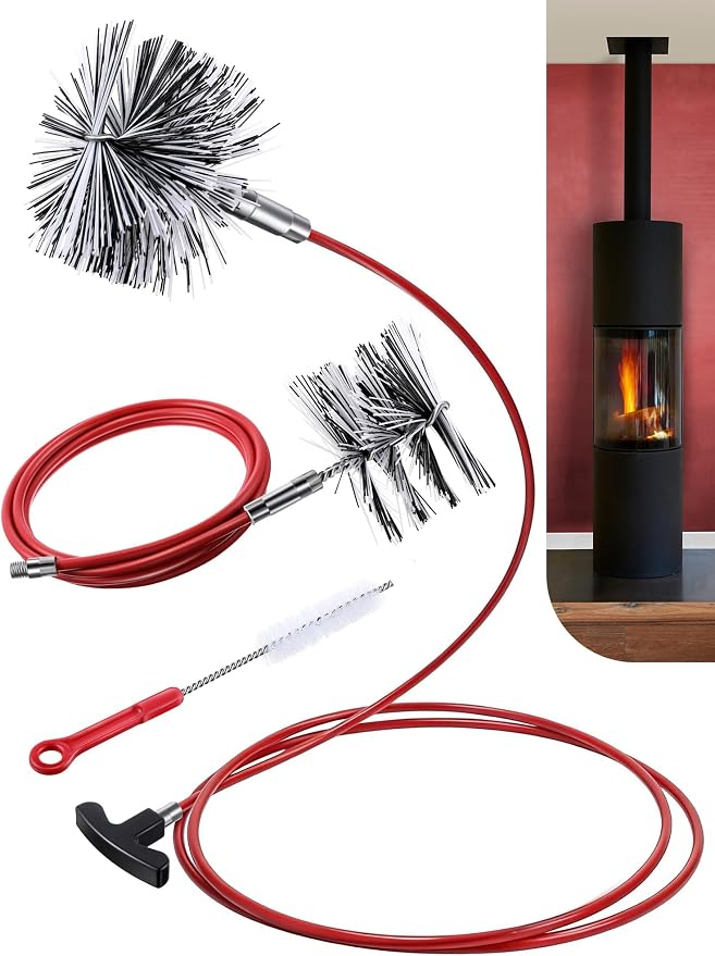 Feekoon Pellet Stove Cleaning Kit, 20 FT Flexible Steel Rod with 3" & 4" Brush Head, Flue Detail Cleaner, Pellet Stove Accessories for Vent Pipes Cleaning - Reduce Buildup & Improve Airflow