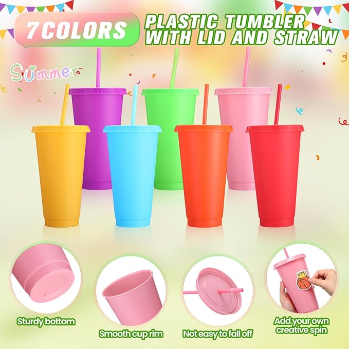 Honeydak 30 Pack Tumbler with Straw and Lid Bulk Cups for Gifts Water Bottle Iced Coffee Travel Mug Cup Reusable Plastic Tumblers for Party Birthdays 24-27 oz (Bright Color)