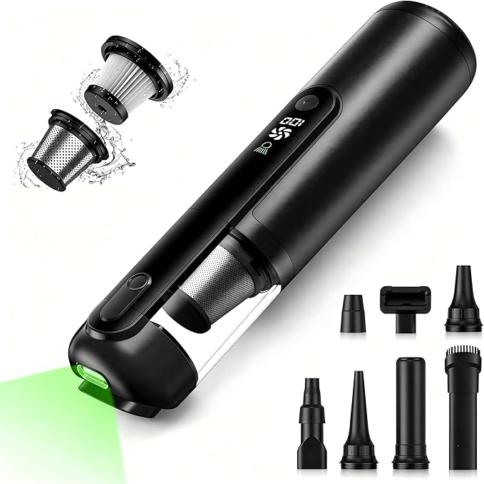 Car Vacuum, Handheld Vacuum Cordless 19000Pa, 4-in-1 Mini Portable Cleaner with Green LED Detection Light, 2 Modes for Car, Home, Office, Desk & Keyboards, Rechargeable, Washable Filter