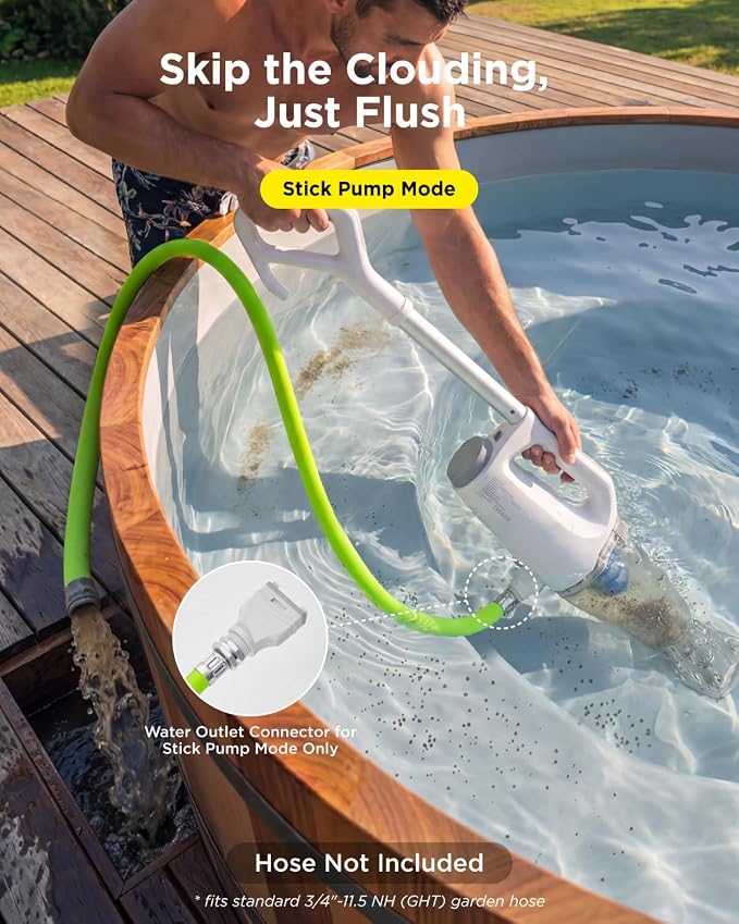 InoKraft 2-in-1 Cordless Handheld Pool Vacuum & Hot Tub Cleaner, Swap-On Replaceable Battery, High Suction for Above Ground Pools, Spa Vacuum with Stick Pump Drain Mode for Silt & Sand