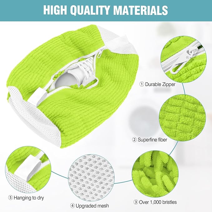2 Pcs Shoe Washing Machine Bags with 4 Adjustable Shoe Trees, XXL Laundry Bags for Washer and Dryer, Sturdy Zipper with Hook Design, Reusable Cleaning Bag for Sneaker, Tennis (Green)