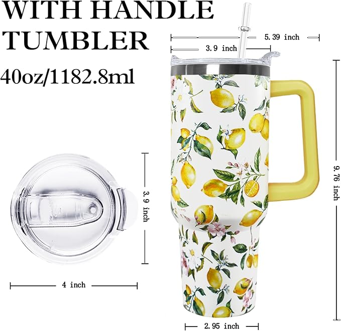 Ceovfoi 40 oz Lemon Print Stainless Steel Tumbler With Lid and Straw - Yellow Coffee Travel Mug Cup Water Bottle - Gifts for Lemon Lovers