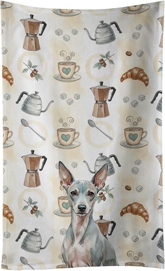 Caroline's Treasures American Hairless Terrier Coffee Bar Kitchen Towel Velour Plush Front and Cotton Loop Back Machine Washable