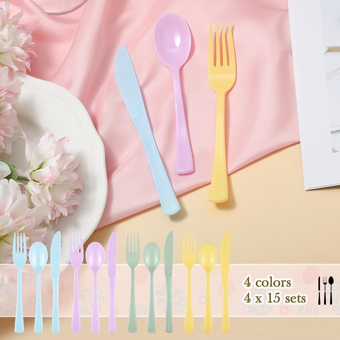 Minatee 180 Pcs Pastel Plastic Silverware Heavy Duty Cutlery Sets Disposable Utensils for Holiday Birthday Themed Party Supplies, 60 of Each Forks Knives Spoons(Macaron Color)